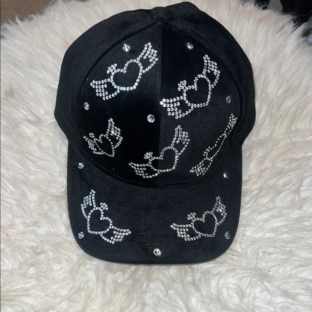Black Cap with Rhinestone Angel Wings